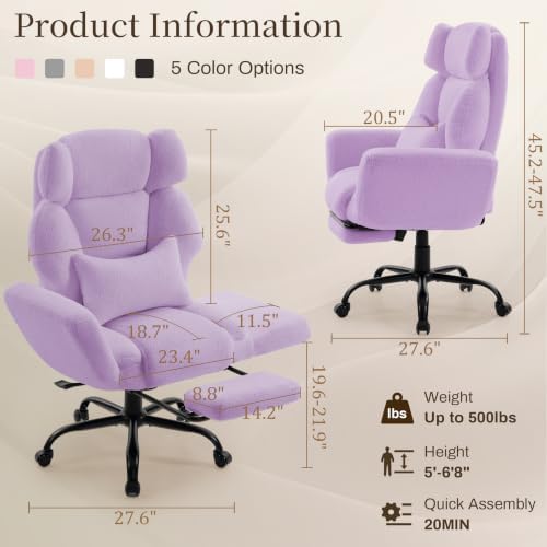 Office Chair with Flip Armrests,Comfy Criss Cross Chair for Pets Sitting,Big and Tall Office Chair with Foot Rest,Extra Wide Seat & Lumbar Pillow,Ergonomic Computer Gaming Chair,Teddy Fleece,Purple - Image 2