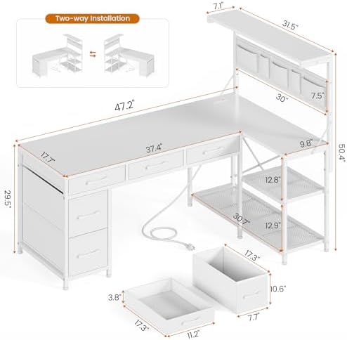 SEDETA Corner Computer Desk, Reversible L Shaped Computer Desk with Fabric Drawers and Power Outlet, 47.2” Gaming Desk with LED Lights, Storage Shelves and Hutch, White - Image 2