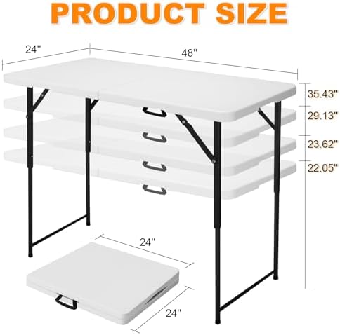 4ft Folding Table, Portable Fold-in-Half Adjustable Height Utility Table for Indoor/Outdoor Use, Durable HDPE & Steel, Stable & Lightweight, Multi-Purpose, White - Image 2