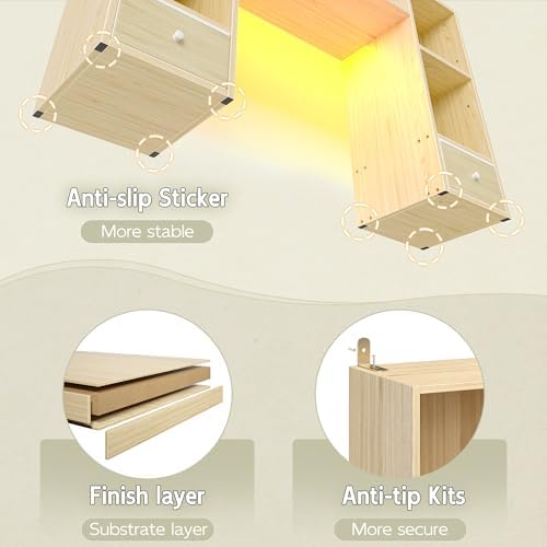 REIBII 47.2" Desktop Bookshelf, 6 Shelves & 2 Drawers, LED Lights, Natural - Image 5