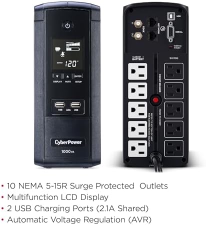 CyberPower BRG1000AVRLCD Intelligent LCD UPS System, 1000VA/600W, 10 Outlets, AVR, Mini-Tower, 5-Year Warranty - Image 5