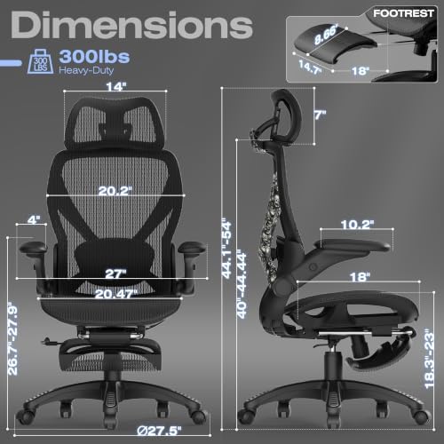 ELABEST X100 Ergonomic Mesh Office Chair with Footrest, Big and Tall Home Desk Chair with 5D Flip-Up Arms, Adjustable 3D Lumbar Support, Gaming & Executive Computer Chair (Night Reaper) - Image 2