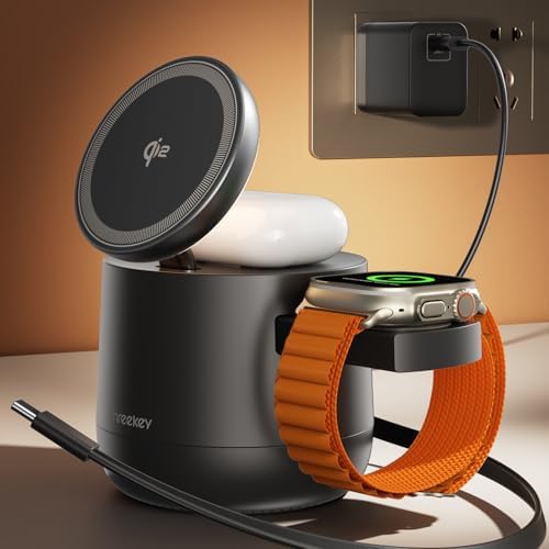 THREEKEY 4 in 1 Qi2 Magnetic Wireless Charging Station, 15W Fast Charger with Made for Apple Watch Charging Module, for iPhone 17–12 Series & AirPods, 65W Adapter Included by THREEKEY
