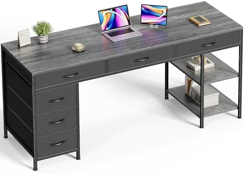 Huuger Computer Desk with 6 Drawers, Office Desk with Shelves, Reversible Gaming Desk, Corner Desk with Storage, Work for Home Office, Study, Living Room, 63inch, Grey by Huuger