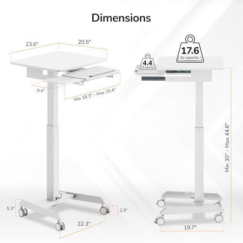 Mount-It! Height Adjustable Rolling Laptop Desk with Keyboard Tray, Mobile Sit-Stand Computer Cart with Wheels, Small Standing Desk for Home, Office, or Classroom, 23.6" x 20.5", White - Image 2