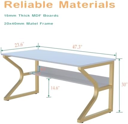 OSCHF 47.3-Inch Writing Desk with Storage Shelf, Gold - Image 2