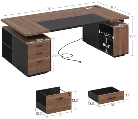 71" Electric Standing Desk with Drawers, Electric Height Adjustable Executive Desk with Lockable File Cabinet, Home Office Desk, Open Storage Compartments, Built-in Power Outlet, Black - Image 2