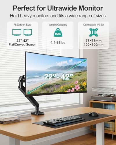 MOUNT PRO Ultrawide Single Monitor Arm for 22"- 42" Screens, Monitor Desk Mount Stand Holds up to 33 lbs, Heavy Duty Fully Adjustable Gas Spring Desk Mount, VESA Mount with Clamp/Grommet Base - Image 2