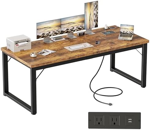 Mericonia 63 Inch Computer Desk with Power Outlets, 1.2" Thick Office Table by MERICONIA