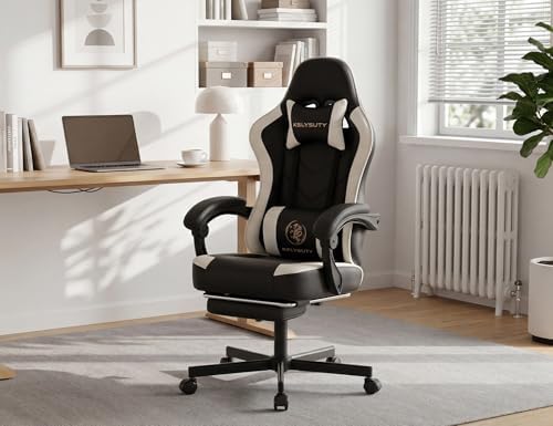 Office Desk Computer Gaming Chair for Adults, Ergonomic High Back Gamer Chair with Massage and Pocket Spring Cushion, Swivel Comfy Video Game Chairs with Footrest and Lumbar Support (Black White) - Image 2