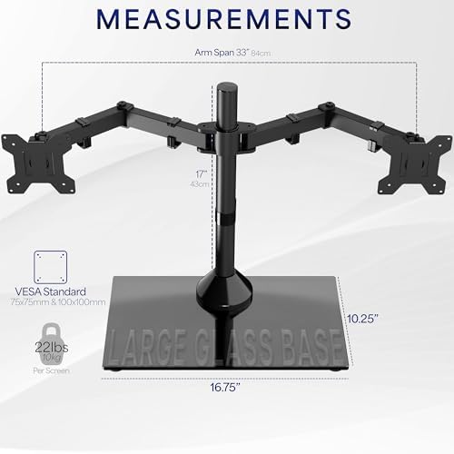 VIVO Freestanding Dual Monitor Stand with Sleek Glass Base and Adjustable Arms, Mounts 2 Screens up to 32 inch and 22 lbs Each, Black, STAND-V002FG - Image 4