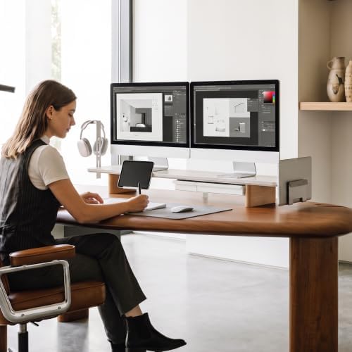 Fenge Modular Dual Monitor Stand Riser with Solid Ash Wood Leg, 42.5" White - Image 2