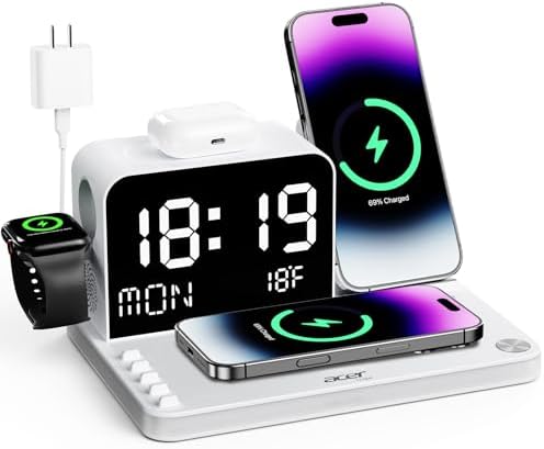 Acer 7-in-1 Wireless Charging Station with LED Clock - 30W Fast Wireless Charger for iPhone 16/15/14/13/12/Pro Max, Apple Watch, AirPods - Bluetooth Auto Time Sync & Night Lights (White) by Unknown