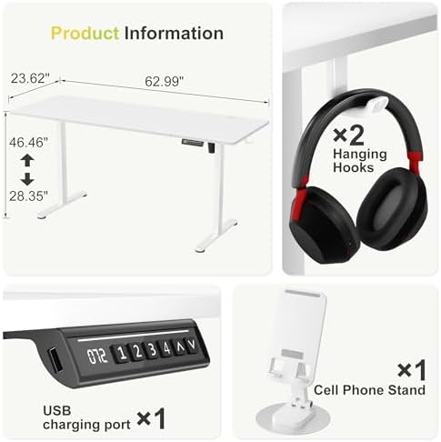 Furmax 63 Inches Electric Standing Desk, Home Office Desk with Phone Holder - Image 3