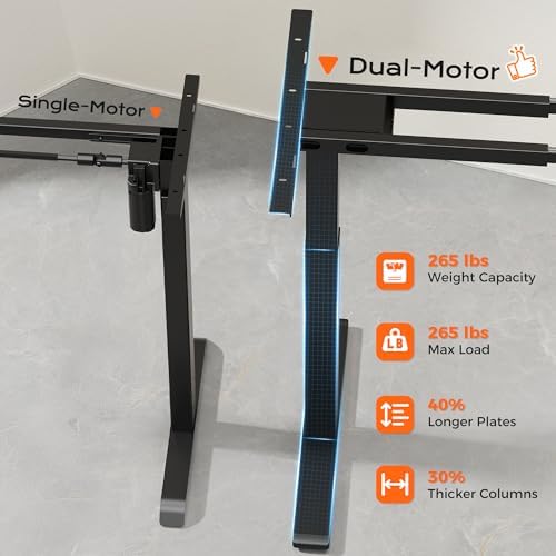 Huuger Dual Motor Electric Standing Desk Frame, Sit Stand up Desk Leg for 47.2” to 86.6” Desktop, Computer Desk Leg with Cable Tray, 3 Memory Height Presets, 2 Hooks, Black Frame Only - Image 3