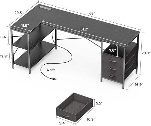 Huuger L Shaped Office Desk with Power Outlets & 3 Drawers - Image 7