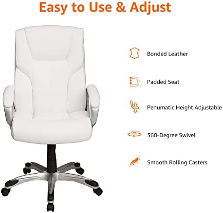 Amazon Basics Executive High Back Office Desk Chair, Adjustable Height, Tilt, Swivel, 275lb Capacity, Bonded Leather, White/Pewter - Image 4