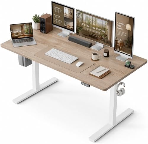 Grandder 55x32 Large Electric Standing Desk, Height Adjustable Computer Desk with 2 Memory Presets, 31.5" Deep Desktop Sit Stand Desk Home Office Desk Workstation Table with Hooks, Maple by Grandder