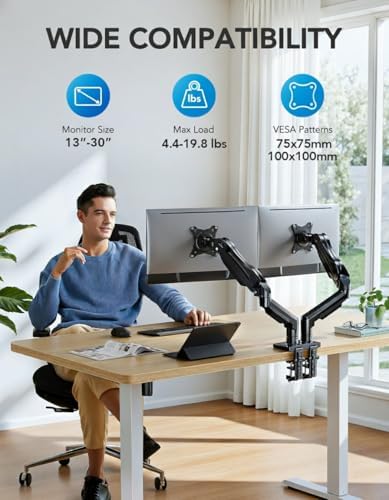 HUANUO FlowLift™ Dual Monitor Stand, Fully Adjustable Gaming Monitor Desk Mount for 13–30″ Computer Screens, Full Motion VESA 75x75/100x100 with C-Clamp & Grommet Base, Each Arm Holds 4.4 to 19.8 lbs - Image 2