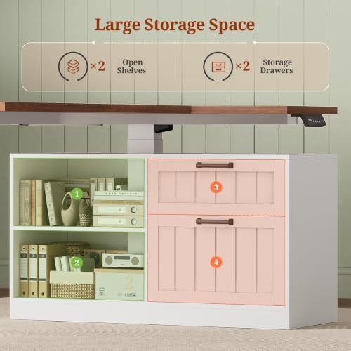 UPOSOJA 59" Farmhouse L Shaped Standing Desk with File Drawers, Electric Executive Desk Adjustable Height with Power Outlets, Storage Shelves, Sit Stand Corner Computer Desk for Home Office, White - Image 5