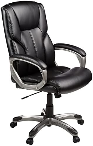 Amazon Basics Executive High Back Office Chair, Adjustable Height, Tilt, Swivel, Padded Seat, Bonded Leather, Wheels, Black/Silver by AmazonBasics