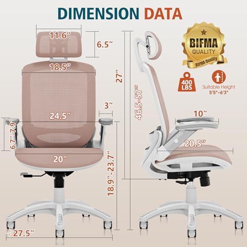 GABRYLLY Ergonomic Office Chair, High Back Home Desk Chair with 2D Flip-Up Arms, 3D Headrest, 90-120° Tilt and Wide Cushion, Big and Tall Mesh Chairs for Man Woman, White Computer Task Chair Pink - Image 3