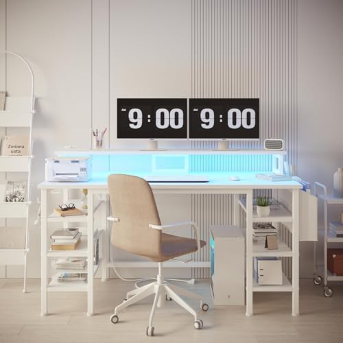 Lufeiya White Desk with Storage Shelves - 47 inch Home Office Gaming Desk with Monitor Stand, Computer Desk with LED Lights and Power Outlets, White - Image 3