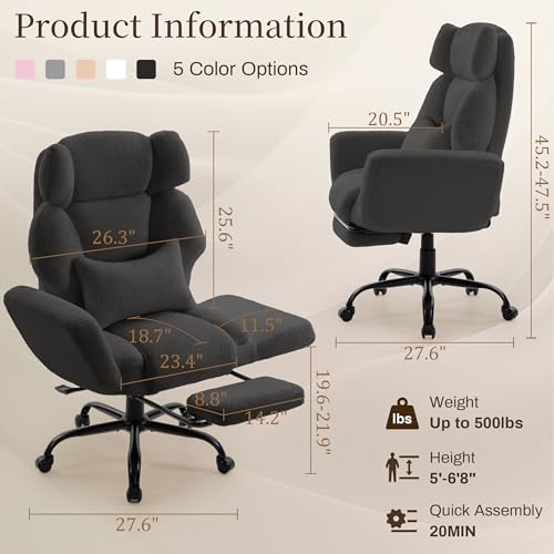 Office Chair with Flip Armrests,Big and Tall Office Chair with Foot Rest,Extra Wide Seat & Lumbar Pillow,Comfy Criss Cross Chair for Pets Sitting,Ergonomic Computer Gaming Chair,Teddy Fleece,Black - Image 2