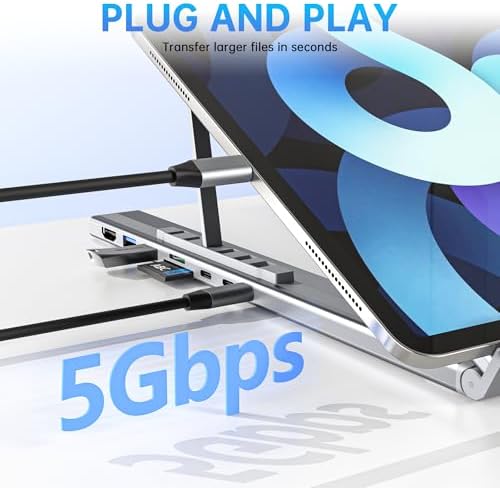 Laptop Stand with Docking Station, 8 in 1 USB C Hub HDMI Portable Laptop Stand for Desk with USB Ports, Multiport USBC Dock Stands Foldable Adjustable Computer Riser Holder Dongle for MacBook - Image 5