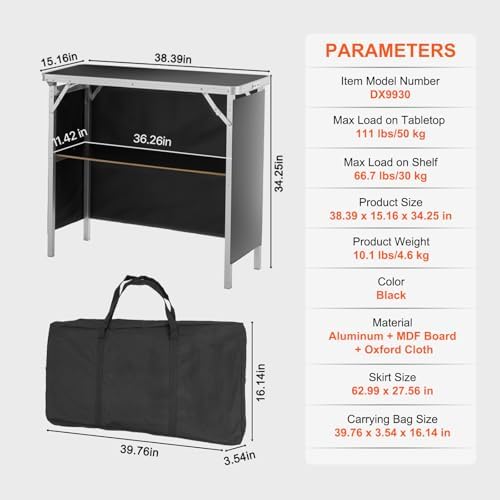 VEVOR Folding Portable Bar Table, Tradeshow Podium Table for Indoor, Outdoor, Party, Picnic, Exhibition, Includes Carrying Case, Storage Shelf and Black Skirt, 38.39" x 15.16" x 34.25" - Image 3