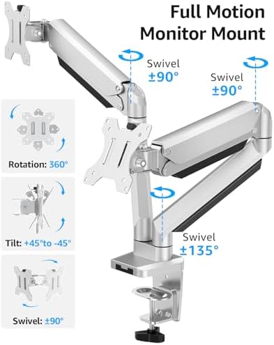 MOUNTUP Dual Monitor Desk Mount, Die-Cast Aluminum Fully Adjustable Double Monitor Arm, Computer Monitor Stand Fits 2 Screen 17 to 32 inch - Each Arm Holds 4.4-19.8LBS - Image 3