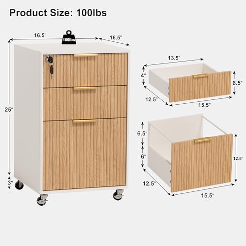 3 Drawers Fluted Mobile File Cabinet with Lock, Rolling File Cabinet Printer Stand Table, Under Desk Wooden Filing Cabinets for Home Office Essentials Storage Organization Furniture Letters/A4(Oak) - Image 2