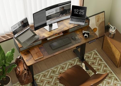 Claiks Standing Desk with Drawers & Wheels, 2 Height Shelf 63" Rustic Brown - Image 2
