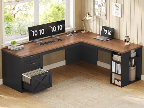 SEDETA 67" Farmhouse Executive L Shaped Desk with 3 Drawers by SEDETA