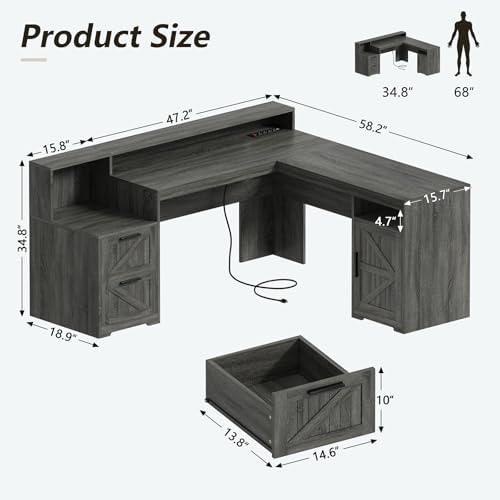63" Farmhouse L Shaped Desk with Drawers & Printer Shelf for Home Office - Image 2