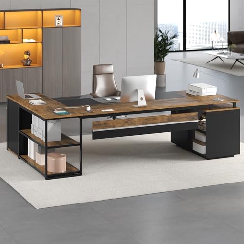 78" Executive Desk with Lockable File Cabinet, L Shaped Office Desk with Power Outlets, Large Executive Desk with Drawers and Storage Shelves, Reversible Computer Desk, Rustic Brown - Image 4