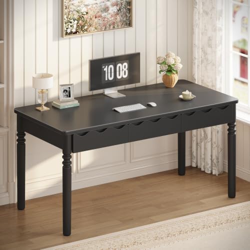 SEDETA Solid Pine Wood Computer Desk, 47'' Executive Home Office Desk with 3 Wood Drawers for Work Study Writing Bedroom, Makeup Vanity Desk, Black by SEDETA