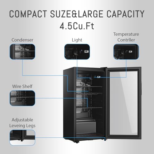 HAILANG Beverage Refrigerator, 4.5 Cu.Ft, Mini Fridge with Glass Door for Soda Beer, Freestanding Beverage Cooler for Office, Bar, Adjustable Shelving&Adjustable Foot - Image 2