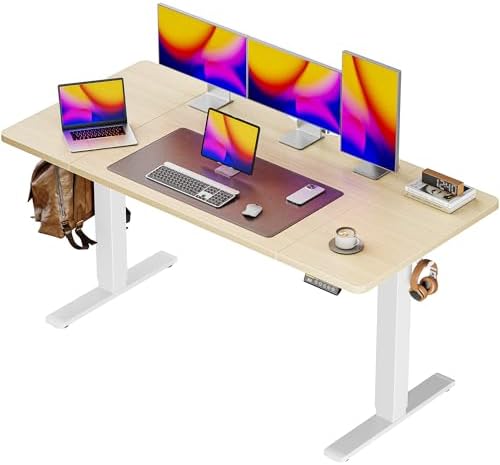 Huuger 55 x 28 Large Electric Standing Desk, Height Adjustable Desk, 27.6" Deep Desktop, Stand up Gaming Computer Office Desk with 2 Hooks, 3 Preset Heights, for Home Office, Maple by Huuger