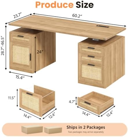 60" Rattan Electric Standing Desk with Drawers for Home Office, Oak - Image 2