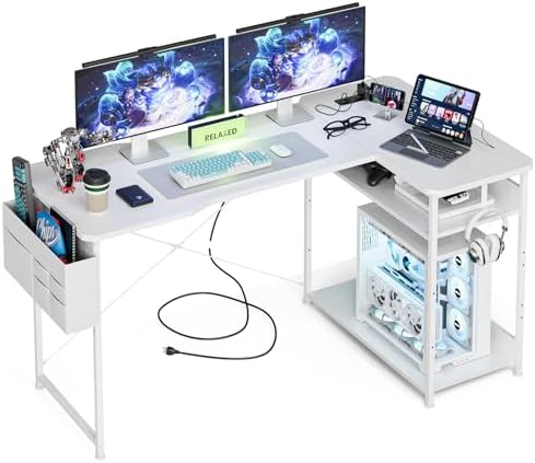 Acrolix L Shaped Gaming Desk 55 Inch - Computer Corner Desk with Power Outlets, Reversible Shelves & Storage Bag for Home Office, PC Gaming Table, White Carbon by Acrolix