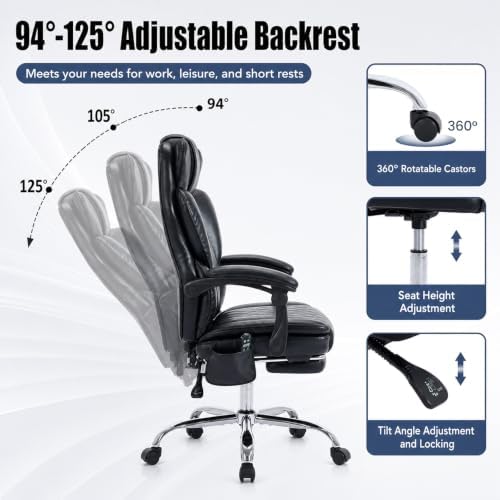 Executive Office Chair, 22.05" Wide Leather Ergonomic Office Chair with Lumbar Support, Footrest and 6-Point Vibration Massage, Reclines 94°-125° for Home Office Room, Black - Image 4