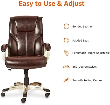 Amazon Basics Executive Home Office Desk Chair with Padded Armrests, Adjustable Height and Tilt, Rolling Swivel Chair, 275 Pound Capacity, Brown and Gold - Image 3