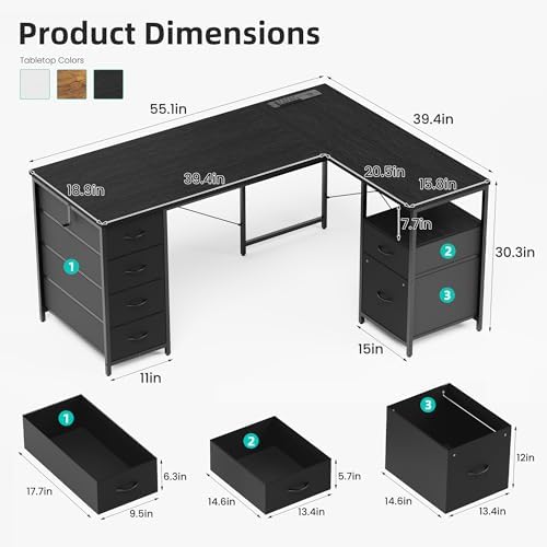 YOUDENOVA 55 Inch L Shaped Office Desk with 6 Drawers & Type-C Port, Black - Image 3