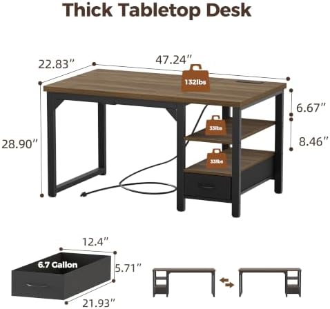 Mericonia 48" Computer Desk with Drawer, 1.2" Thick Reversible Office Desk - Image 3