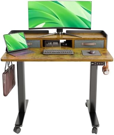 Claiks Standing Desk with Drawers & Wheels, 2 Height Shelf 40" Rustic Brown by CLAIKS