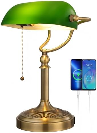 Green Glass Bankers Desk Lamp with USB Fast Charging Port by Newrays