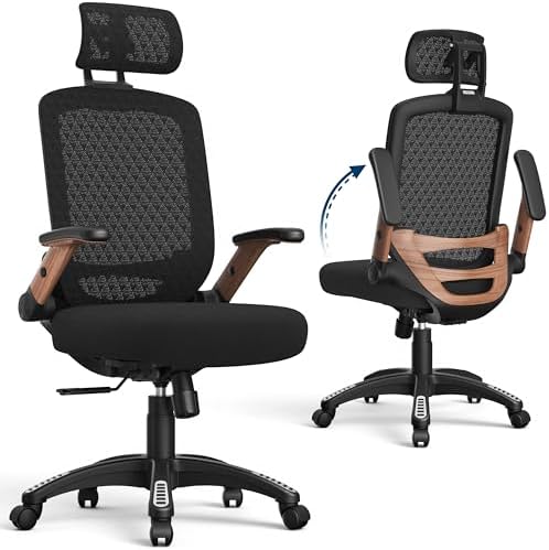 GABRYLLY Ergonomic Office Chair, High Back Home Desk Chair with Flip-Up Arms, 3D Headrest, 90-120° Tilt and Wide Cushion Seat, Big and Tall Computer Chairs for Man Woman, Mesh Chair Black Woodgrain by GABRYLLY