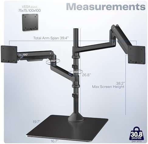 VIVO Pneumatic Arm Dual Ultrawide Monitor Desk Stand for Up to 49 inch Screens with Tempered Glass Base, Holds 2 Ultra Wides Up to 30.8 lbs, Black, STAND-V249FG - Image 3