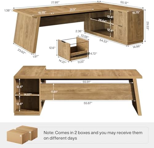 Tribesigns 78" L Shaped Desk with Drawers, Large Executive Office Desk with File Cabinet and Shelves, Modern Corner Computer Table Business Furniture for Home Office, Brown - Image 2